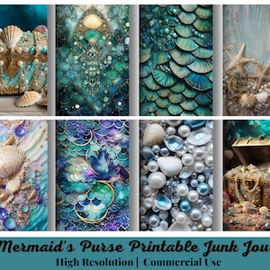 May include: 24 digital printable images for junk journaling. The images feature a mermaid theme with seashells, pearls, and treasure chests. The images are high resolution and can be used for commercial purposes.