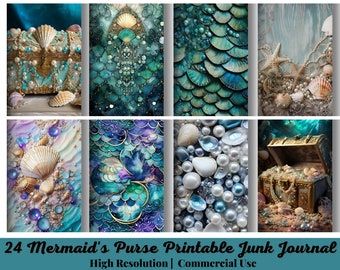 24 Mermaid's Purse Printable Junk Journal Folio, Interactive Papercraft Projects, Ocean, Beach, Shabby Handbag, Wallet, Cardmaking, Download