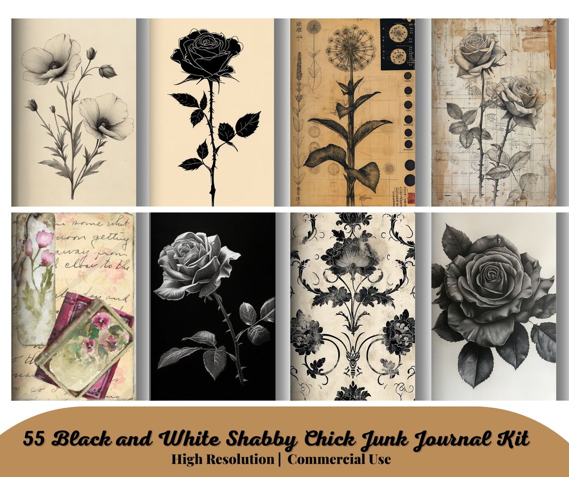 55 Black and White Shabby Chic Junk Journal Kit, Vintage Shabby ...