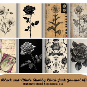 55 Black and White Shabby Chic Junk Journal Kit, Vintage Shabby Ephemera Collage, Romantic Scrapbook Paper, Printable Floral Roses Digital