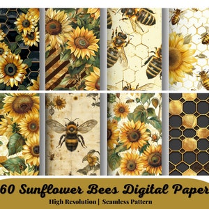 Papier numérique 60 abeilles tournesol - téléchargement immédiat de motifs d'abeilles or transparentes, papier de scrapbooking imprimable pour un usage commercial