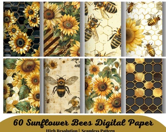 60 Sunflower Bees Digital Paper - seamless gold honey bee patterns printable scrapbook paper instant download for commercial use