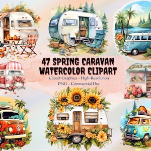 47 Caravana de primavera, acuarela, imágenes prediseñadas, viaje por carretera, actividades al aire libre, fondo transparente, sublimación, álbumes de recortes, decoración