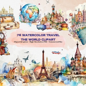 76 aquarel Travel the World clipartbundel, zomervakantie clipart, avontuur clipart, vakantie, reizen, glinsterende clip art, 7 wonderen clipart