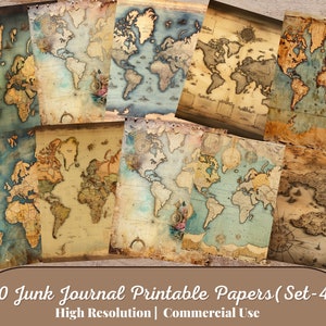 50 Junk Journal Printable Vintage Map Papers, Vintage Paper Journal Pages, Journal Supplies, Digital Scrapbooking (Set-4)