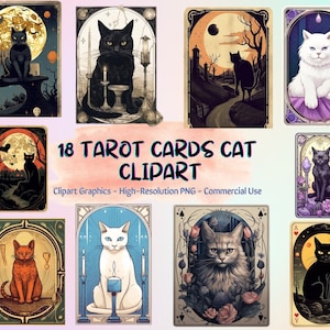 18 cartes de tarot chat Clipart, clipart tarot céleste, sorcellerie Clip Art, lot pour un usage Commercial, haute qualité, téléchargement immédiat