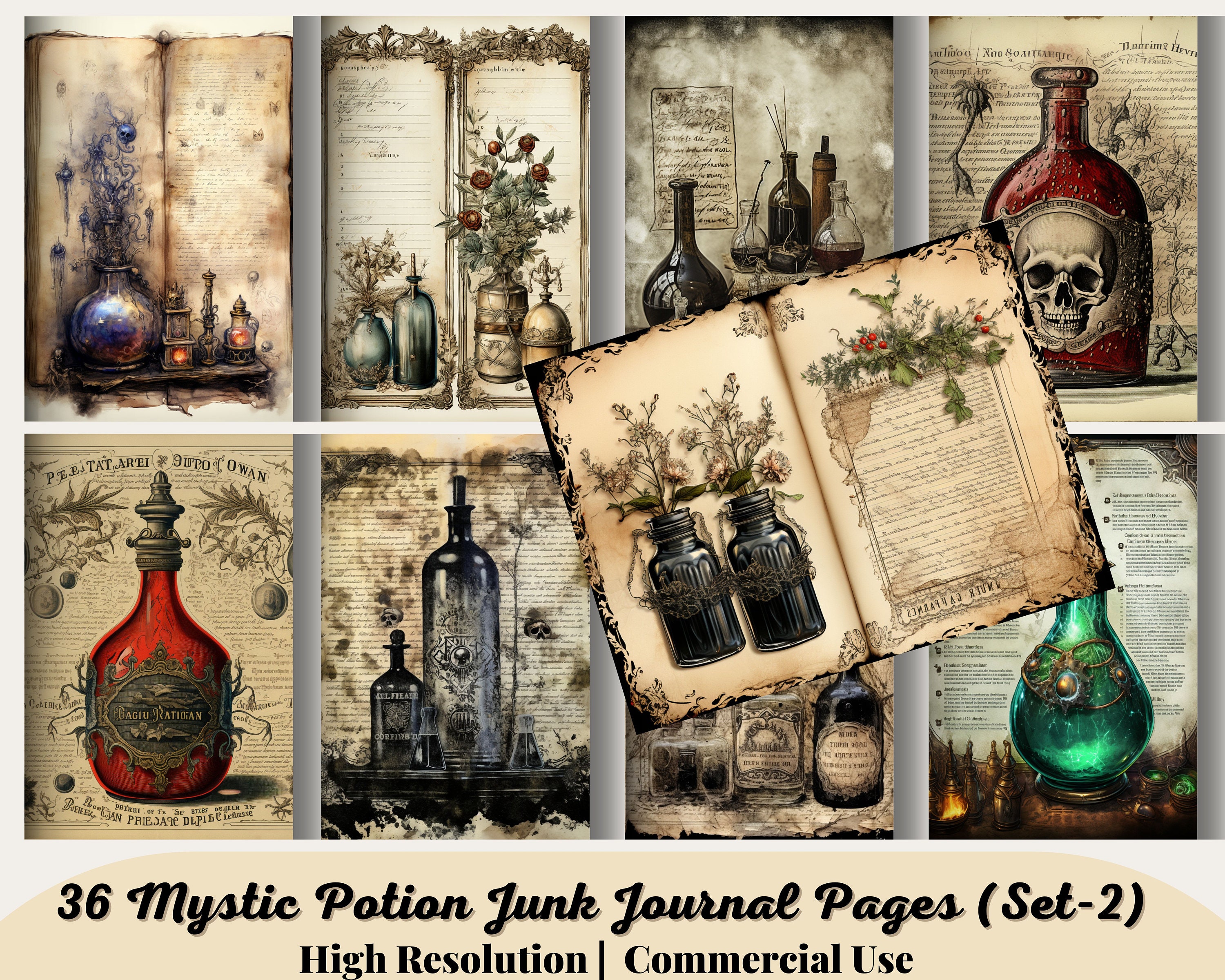 36 Mystic Potion Junk Journal Pages(Set-2), Digital Scrapbook Paper Kit, Vintage Ephemera, Witchy Collage Sheet, Alchemy Printable