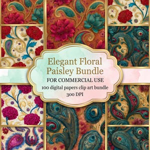 May include: An assortment of digital papers featuring floral and paisley designs in shades of red, teal, and gold. The image includes the text "Elegant Floral Paisley Bundle" and "FOR COMMERCIAL USE". The bundle contains 100 digital papers.