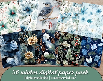 36 winter digital paper pack, watercolor, Hello Winter, winter patterns, gold snowflakes, Christmas background, download