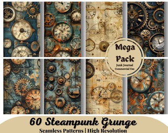 60 Steampunk Grunge Seamless Patterns, Steampunk Ephemera Digital Paper, Designs for Commercial Use, Steampunk Clock Patterns, JPG