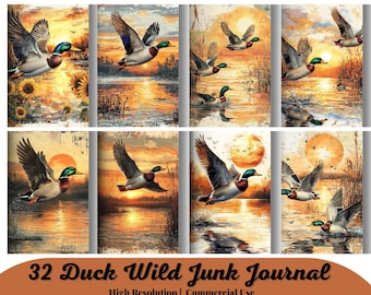32 Mallard Duck, Wild Duck, Sunset Wetland Hunting, Flying Ducks, Hunting Season, Instant Download, Paper Crafts, Junk Journal Scrapbooking