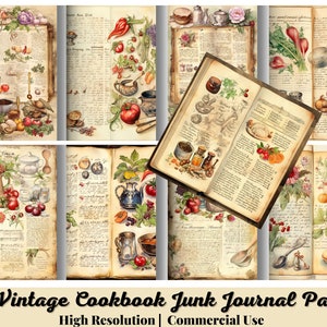 22 páginas de diário de receitas vintage, kit de papel para scrapbook digital, imprimível de culinária, colagem de panificação, utensílios de cozinha, livro de receitas antigo