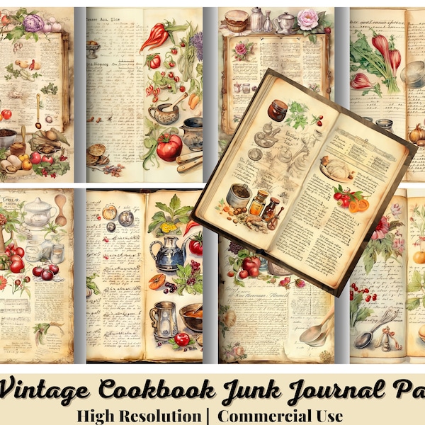 22 Vintage Cookbook Junk Journal Pages, Digital Scrapbook Paper Kit, Cooking Printable, Baking Collage, Kitchen Ephemera, Old Recipe Book