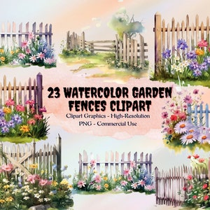 Op de afbeelding: Een set van 23 aquareltuinhek-clipartgraphics. De hekken zijn geschilderd in verschillende tinten bruin en wit, sommige met poorten. De hekken zijn omgeven door kleurrijke bloemen, waaronder roze, paarse, gele en blauwe.