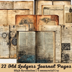 22 Old Ledgers Junk Journal Pages, Ledger, Neutro, Masculino, Regular, Tamanho Carta, Papéis, Imprimível, Download Digital