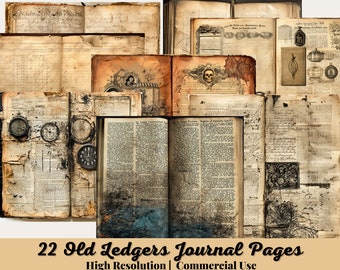 22 Old Ledgers Junk Journal Pages, Ledger, Neutral, Masculine, Regular, Letter Size, Papers, Printable, Digital Download