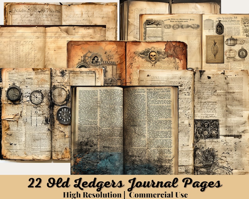 22 Old Ledgers Junk Journal Pages, Ledger, Neutral, Masculine, Regular
