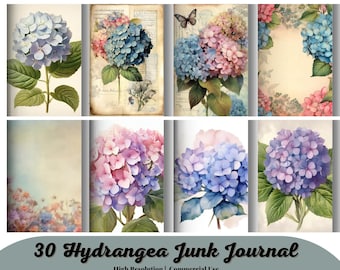 30 Hydrangea  Junk Journal Kit, Collage Sheets, Vintage Floral Insert, Printable Ephemera, Scrapbooks Supplies, Digital Folder