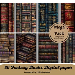 Puede incluir: Un paquete de papel digital que presenta ocho paneles de portadas de libros de fantasía en varios colores, incluyendo rojo, azul y marrón. La imagen incluye el texto "Mega Pack" y "80 Fantasy Books Digital paper".