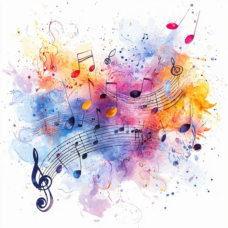 May include: Abstract watercolor painting of musical notes and a treble clef on a white background. The notes are in black and the watercolor is in shades of blue, purple, pink, yellow, and orange.