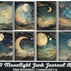 Op de afbeelding: Een set van 30 digitale afbeeldingen met aquarel illustraties van manen en sterren. De afbeeldingen zijn perfect voor junk journaling, scrapbooking of andere creatieve projecten. De afbeeldingen zijn van hoge resolutie en kunnen voor commerciële doeleinden worden gebruikt.