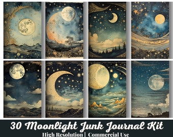 30 Mondlicht Junk Journal Kit, Digital Printable Kit, Mond und Sonne himmlische Collage Sheet, Junk Journal Papier, hohe Qualität