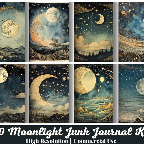 30 Moonlight Junk Journal Kit, Digital Printable Kit, Moon and Sun Celestial Printable Collage Sheet, Junk Journal Paper, High Quality