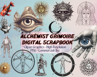 Alchemist Grimoire Digital Scrapbook Kit, Book of Shadows printable clipart, witch graphics digital paper junk journal (Mega Pack)