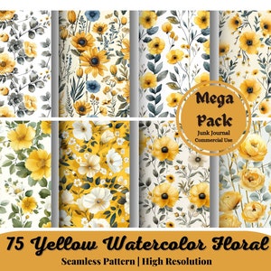 75 Yellow Watercolor Floral Printable Paper Seamless Shabby Chic Instant Digital Download Floral Wildflower Scrapbook Junk Journal Paper