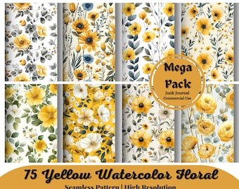 75 Yellow Watercolor Floral Printable Paper Seamless Shabby Chic Instant Digital Download Floral Wildflower Scrapbook Junk Journal Paper