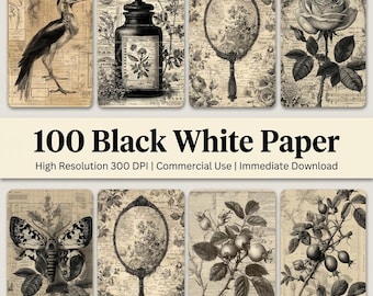 100 pagine stampabili in bianco e nero con timbri a risparmio d'inchiostro, diario con scrittura botanica grunge, gabbie per uccelli