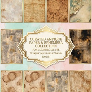 Könnte beinhalten: Eine digitale Kunstsammlung mit antiken Papieren und Ephemera. Das Bild zeigt eine Vielzahl von Texturen und Mustern, darunter gealtertes Papier, florale Designs und Zeitungsausschnitte. Die Farbpalette umfasst Brauntöne, Beige und gedämpfte Grüntöne mit goldenen Akzenten. Der Text lautet: "CURATED ANTIQUE PAPER & EPHEMERA COLLECTION".