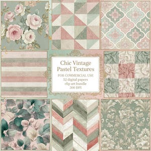 May include: A collection of nine digital paper designs in pastel colors. The designs include floral patterns, geometric shapes, and textured backgrounds. The text in the center reads "Chic Vintage Pastel Textures".