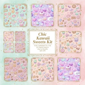 May include: A digital art bundle titled "Chic Kawaii Sweets Kit" featuring various patterns of cute desserts like cupcakes, donuts, and macarons. The color palette includes pastel pinks, blues, and purples. The image includes the text "FOR COMMERCIAL USE, 52 digital papers, clip art bundle, 300 DPI."