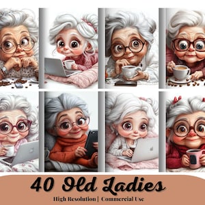 40 grappige oude dames clipart, mensen clipart, moderne oma clipart, vrouwen clipart, junk journal, digitale papierkunst, digitale download