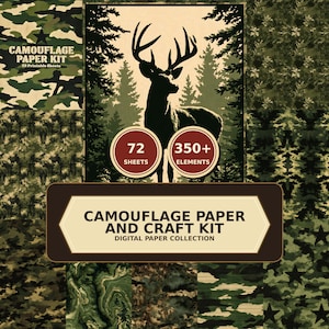 Peut inclure: Une collection de papier numérique intitulée Camouflage Paper and Craft Kit comprenant 72 feuilles imprimables et 350+ éléments. Le design présente la silhouette d'un cerf en forêt, divers motifs de camouflage et des étoiles dans des tons verts.