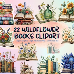 22 Wildflower Books Clipart Book Flowers Clipart, Bookshelf Clipart Booklover Clipart, Boho Books Clipart, Literature Clipart, Commercial