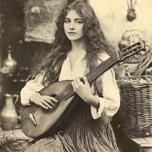 May include: A young woman with long, flowing hair plays a vintage lute. She is dressed in a simple white blouse and a long, flowing skirt. The lute is a dark wood with intricate carvings. The photo is in black and white and has a vintage feel.