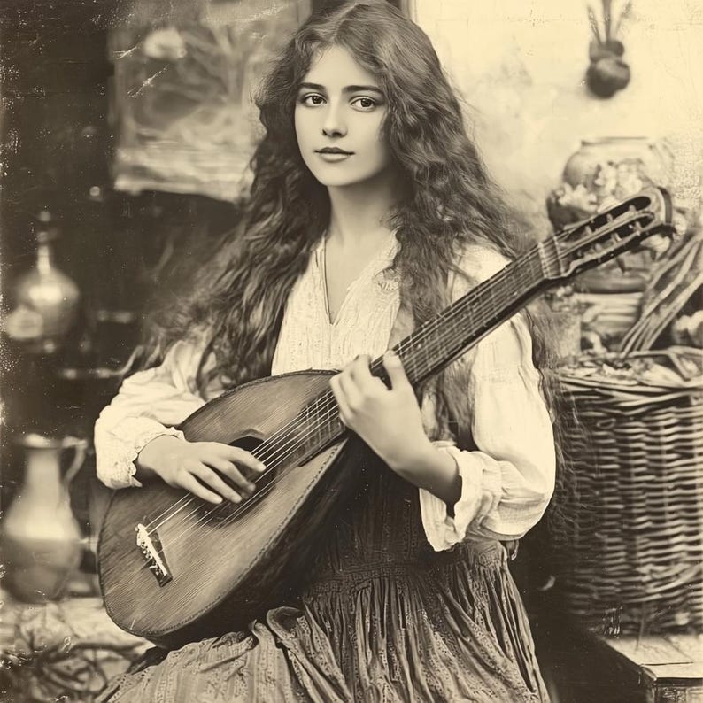 May include: A young woman with long, flowing hair plays a vintage lute. She is dressed in a simple white blouse and a long, flowing skirt. The lute is a dark wood with intricate carvings. The photo is in black and white and has a vintage feel.