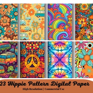 23 Hippie Pattern , Commercial Use , Digital Paper , Hippie Textures , Flower Power ,Peace , Watercolor , Scrapbook Paper