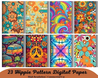 23 Hippie Pattern , Commercial Use , Digital Paper , Hippie Textures , Flower Power ,Peace , Watercolor , Scrapbook Paper