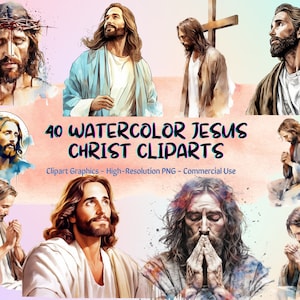 Pode incluir: Uma coleção de 40 ilustrações de aquarela de Jesus Cristo. As imagens retratam Jesus em várias poses, incluindo orando, olhando para cima e carregando uma cruz. As imagens estão em uma variedade de cores, incluindo azul, vermelho e amarelo. O texto "40 WATERCOLOR JESUS CHRIST CLIPARTS" é exibido no centro da imagem. O texto "Clipart Graphics - High-Resolution PNG - Commercial Use" é exibido abaixo do texto principal.