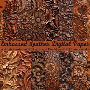27 Embossed Leather Digital Paper, Seamless Design, Floral Western Brown Textures, 99CentsCrafts, Commercial Use, Digital Download