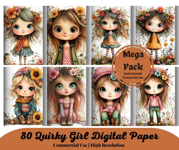 80 Quirky Girl Clipart, Commercial Use, Cute Whimsical Girl, 300 DPI JPGs, Instant Download, Cute Doll, DIY Journal, Blonde Girl Clipart