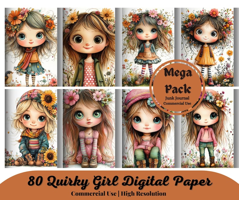 May include: A digital paper pack with 80 images of quirky girls with flowers in their hair. The images are in a cartoon style and are perfect for scrapbooking, card making, and other craft projects.  The text on the image reads "Mega Pack Junk Journal Commercial Use" and "80 Quirky Girl Digital Paper Commercial Use | High Resolution".