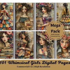 101 Whimsical Girls, Pacote de papel para colagem, Colagem de itens efêmeros, Páginas digitais de diário de lixo, Download instantâneo, Alta qualidade, Papel redimensionável