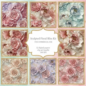 May include: A digital art bundle featuring nine square designs with floral patterns. The designs showcase sculpted roses and peonies in shades of pink, peach, and blue, with gold borders. The text "Sculpted Floral Bliss Kit" is displayed.