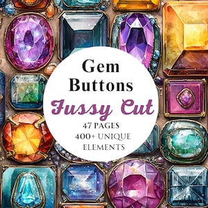 Könnte beinhalten: Eine Sammlung von bunten Edelstein-Knöpfen mit goldenen Fassungen. Die Knöpfe sind in einer Nahaufnahme angeordnet. Der Text "Gem Buttons Fussy Cut 47 Pages 400+ Unique Elements" wird auf einem weißen Kreis angezeigt.