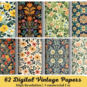 62 Digital Vintage Papers, William Morris Bumper Pack, Digital Collage Sheets, Printable Paper, Shabby Chic Paper, Background Paper