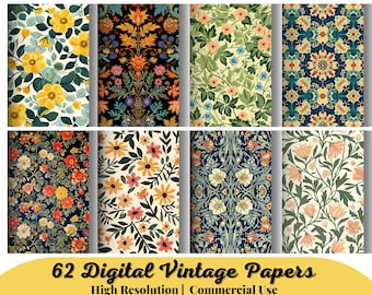 62 papiers numériques vintage, emballage de protection William Morris, feuilles de collage numérique, papier imprimable, papier shabby chic, papier de fond
